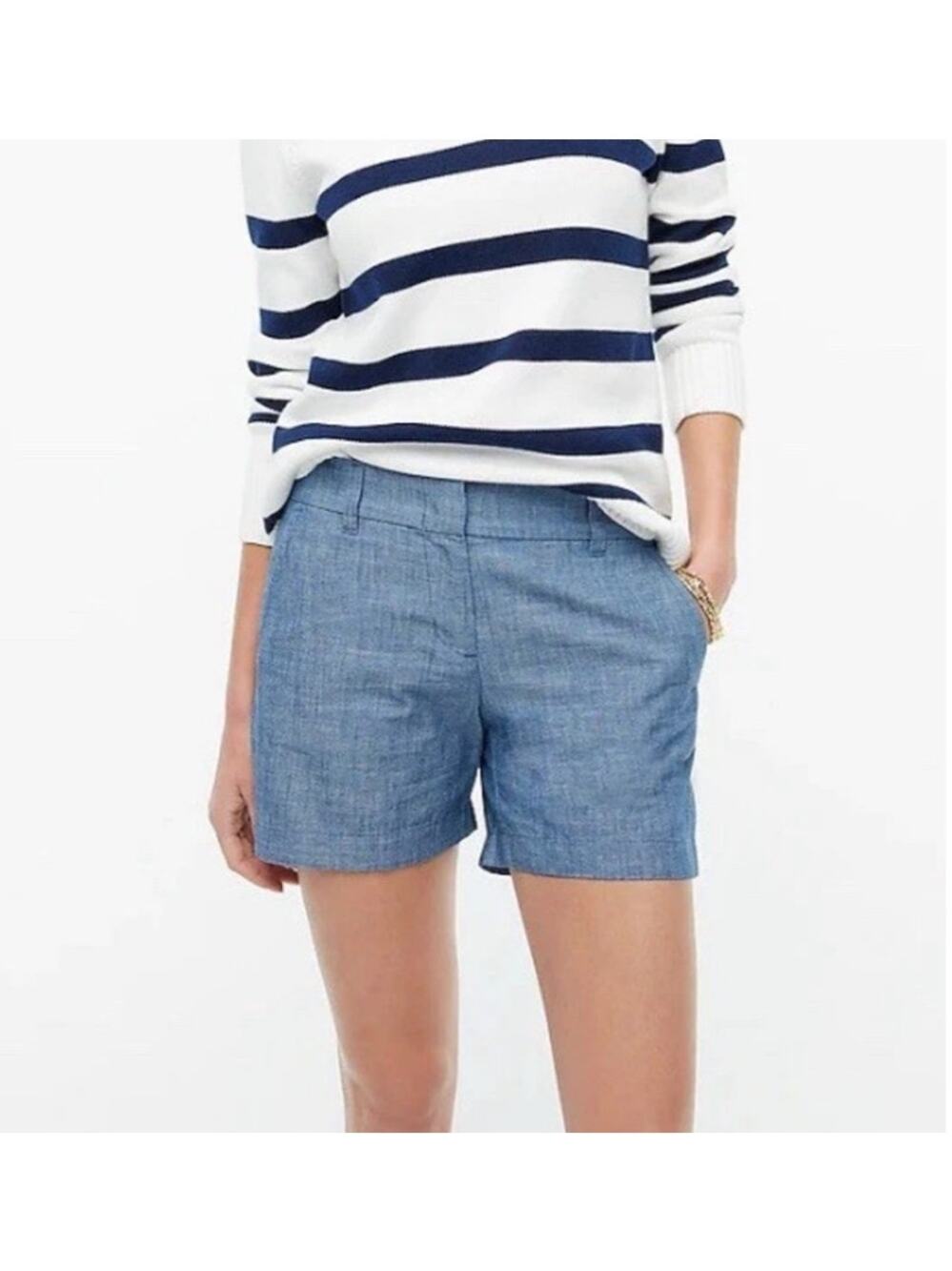 J Crew Factory Shorts Size 4 Blue Chambray Cotton Flat Front Preppy Summer